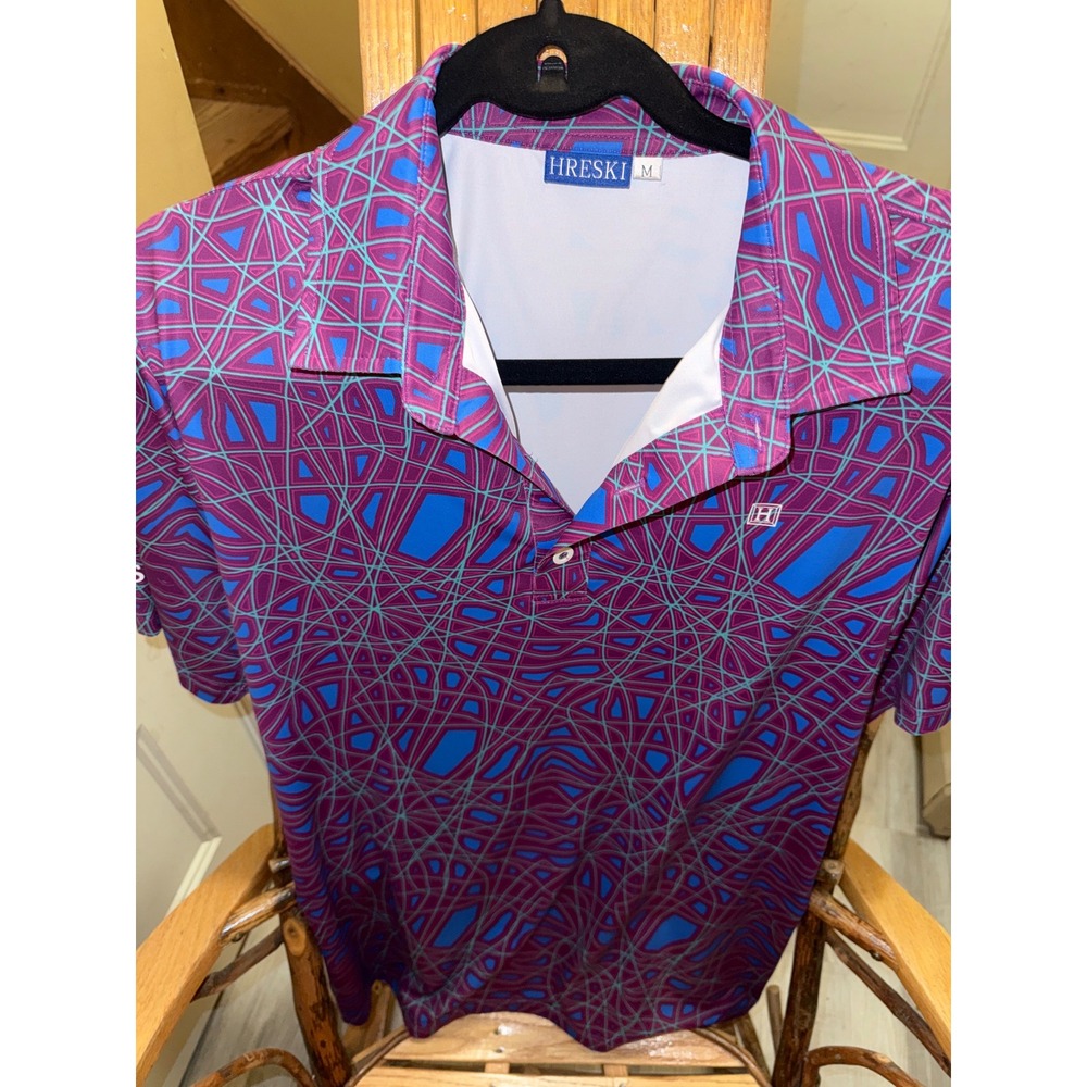 Hreski Mens Performance Golf Polo Shirt Purple Blue Geometric Abstract Size M